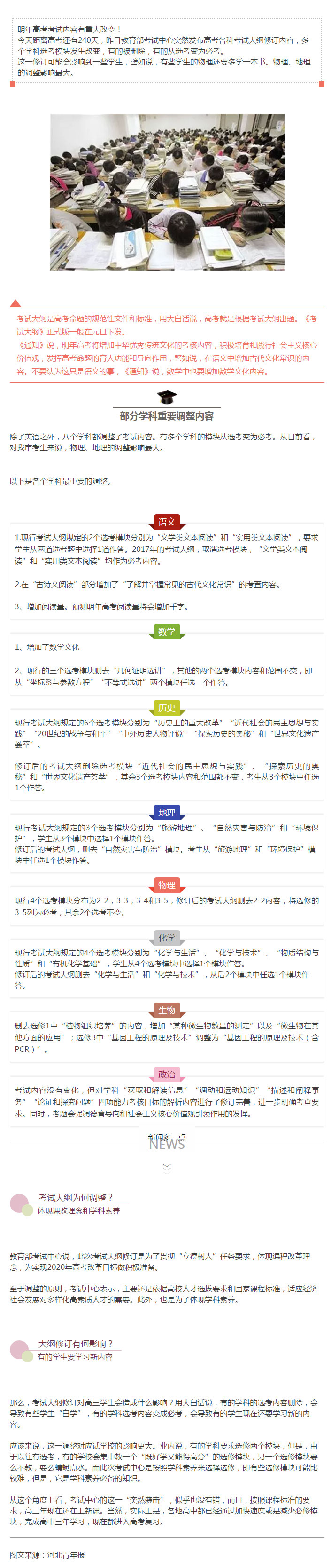 2017年高考考試內(nèi)容有重大改變！ 今天距離高考還有240天，昨日教育部考試中心突然發(fā)布高考各科考試大綱修訂內(nèi)容，多個(gè)學(xué)科選考模塊發(fā)生改變，有的被刪除，有的從選考變?yōu)楸乜肌?這一修訂可能會(huì)影響到一些學(xué)生，譬如說，有些學(xué)生的物理還要多學(xué)一本書。物理、地理的調(diào)整影響最大。